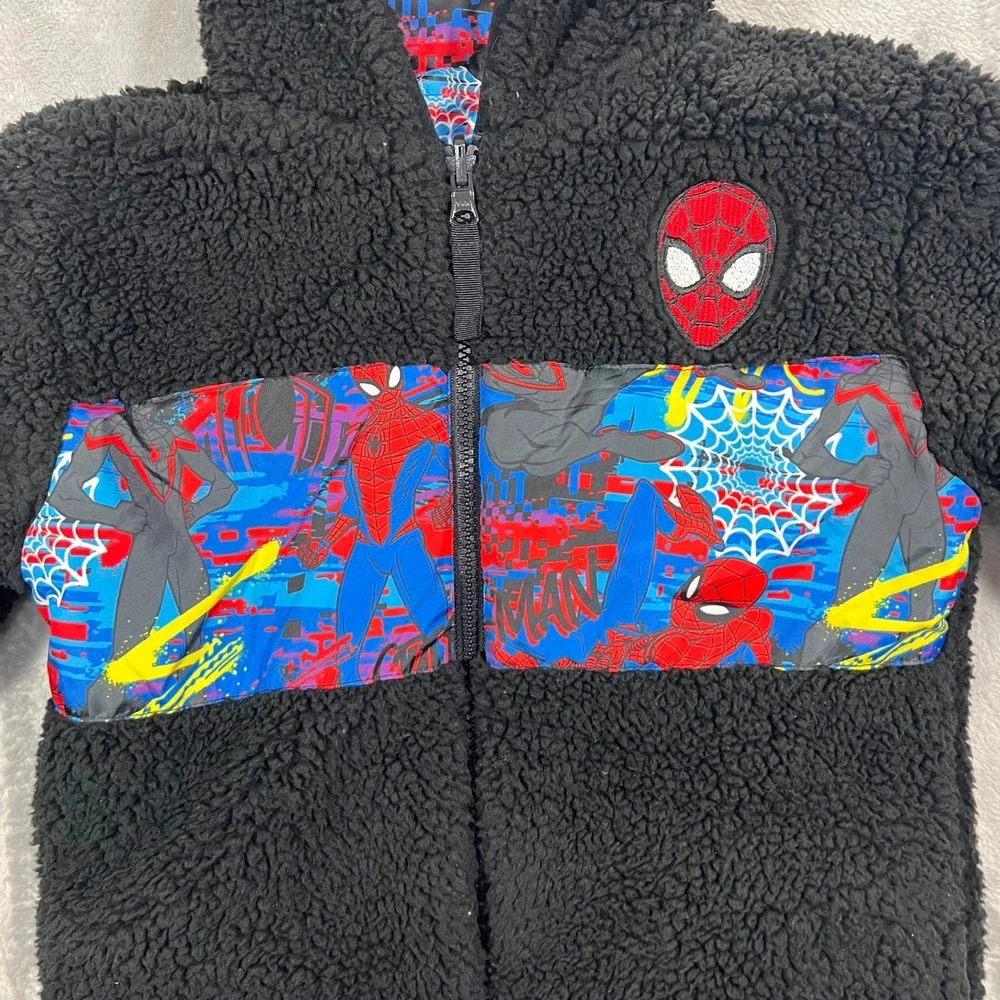 Spider-Man Puffer Reversible Hoodie Jacket Kids Size 6 Black Blue Good Marvel